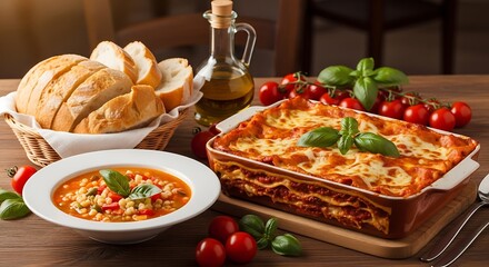 Delicious Italian Lasagna and Soup Meal with Fresh Bread and Olive Oil - A Perfect Comfort Food Experience