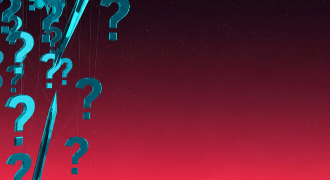 Image of blue question mark symbol hanging against red gradient and small star background, representing uncertainty, exploration, or problem solving