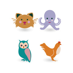 Colorful Animal Illustration Cat, Octopus, Owl, Chicken - Playful and Expressive Designs