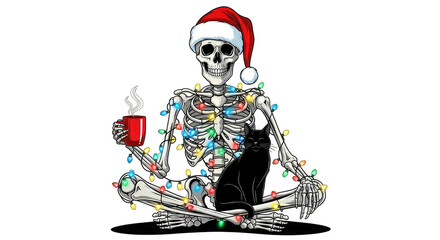 Skeleton with cat celebrating christmas isolated on transparent background