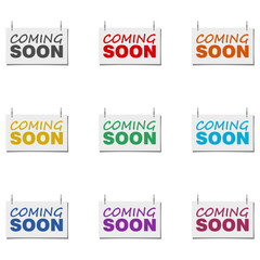 Coming soon Banner isolated on white background. Set icons colorful
