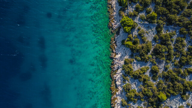 Collection of high-angle aerial drone shots featuring the Croatian Dalmatian Coast, islands, clear turquoise water, and Mediterranean seaside views