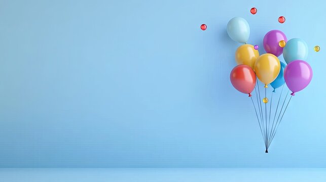 Colorful balloons floating against a serene blue background, creating a joyful and dreamlike atmosphere filled with bubbles and water droplets - Powered by Adobe