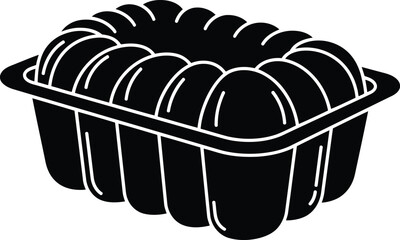 Simple cartoon line art of a bundt cake packed in a black plastic food container tray vector