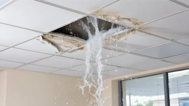 Water gushing from a large hole in a white drop ceiling, indicating a severe leak or burst pipe.