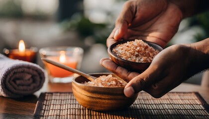 Relaxing spa atmosphere with candles and himalayan salt crystals high resolution photo
