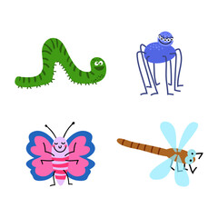 Insects and Bugs Cartoon Cute Illustration Caterpillar, Spider, Butterfly, Dragonfly Collection