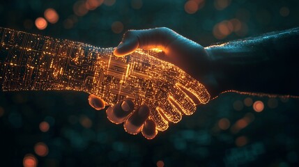 Powerful handshake signifies digital partnership and innovation, showcasing technology's impact on business collaboration and futuristic connection