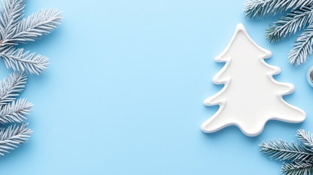 Elegantly arranged cream swatches create a minimalist Christmas tree on a pastel blue backdrop