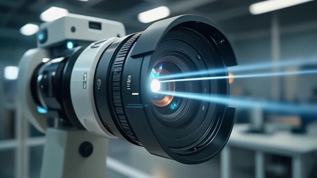 Advanced Camera Lens Capturing Blue Light Beams in Scientific Research Lab.