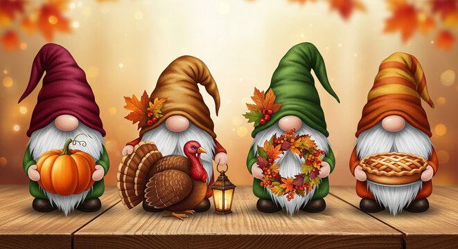 Four gnome figures with colorful hats holding a pumpkin, turkey, wreath, and pie, representing harvest season and Thanksgiving celebration