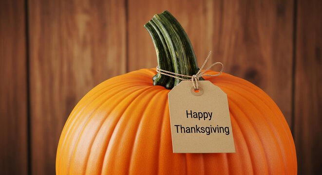 Close-up of orange pumpkin with green stem and a tag saying Happy Thanksgiving, concept Thanksgiving, harvest season, holiday and seasonal themes - Powered by Adobe