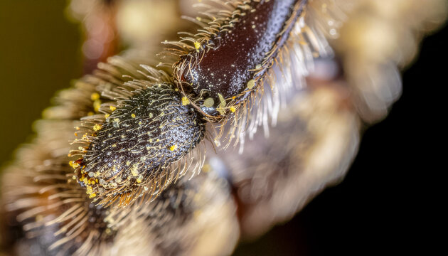 Extreme Macro Photography of a Bee's Hairy Leg Covered in Yellow Pollen Grains