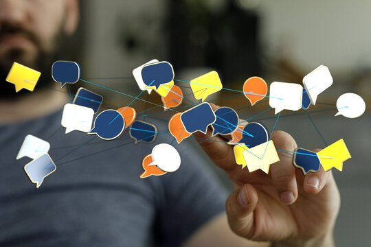Abstract conceptual image of social media communication, connections, and discussions. Featuring speech bubbles