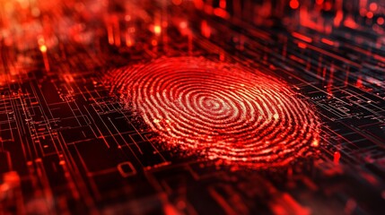 Secure your digital identity with this red fingerprint scan, representing cybersecurity, biometric authentication, and cutting-edge technology solutions