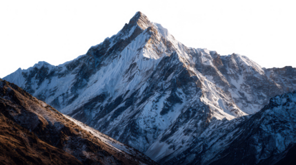 Majestic snowcovered mountain peak against a clear transparent background, showcasing its rugged beauty isolated on transparent background