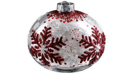 Joyful red and silver Christmas ornament bauble decoration with glitter snowflake pattern. festive holiday globe isolated on white