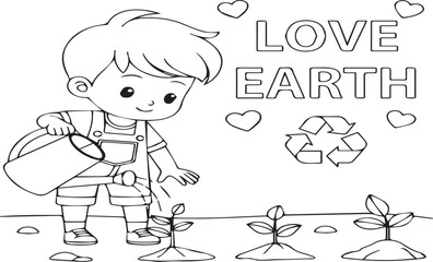 Love Earth Coloring Page with Boy Watering Plants | Educational Illustration for Children's Environmental Awareness Activities and Eco-Friendly Campaigns
