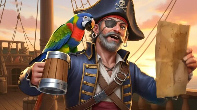 Pirate man with parrot reading treasure map, then finding chest of gold with happy expression. Sea adventure and discovery concept.