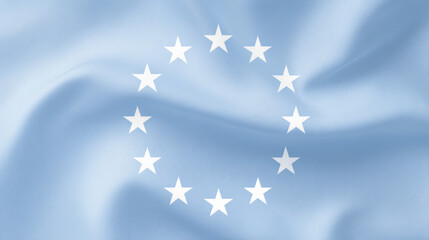 Blue flag with circle of white star symbol of european union on wavy background. proud and unifying international emblem for cooperation