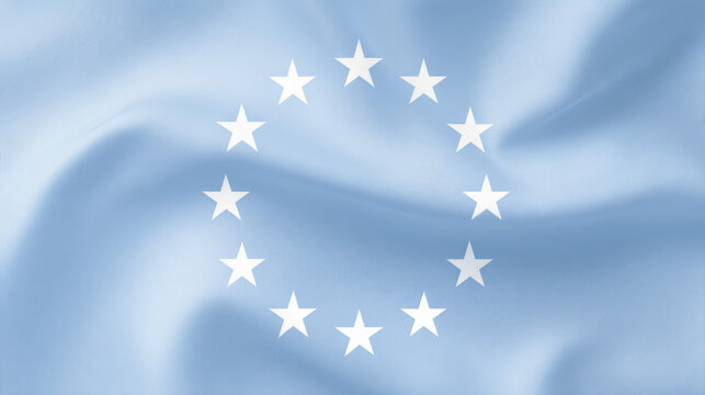 Blue flag with circle of white star symbol of european union on wavy background. proud and unifying international emblem for cooperation