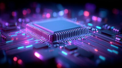Microchip with active connections across a circuit board symbolizing data transfer digital infrastructure and advanced electronic engineering.
