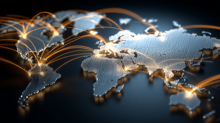 Abstract dotted world map with connection lines representing global networks international data traffic and worldwide business relations.
