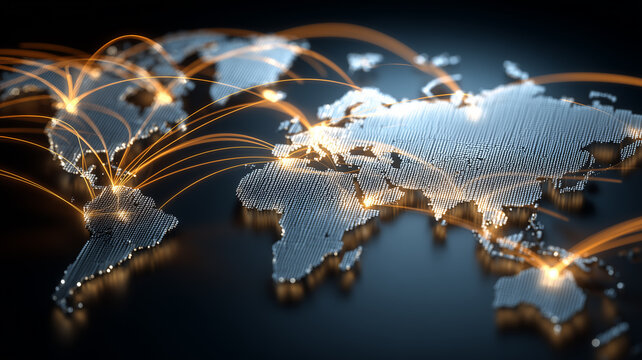 Abstract dotted world map with connection lines representing global networks international data traffic and worldwide business relations.
