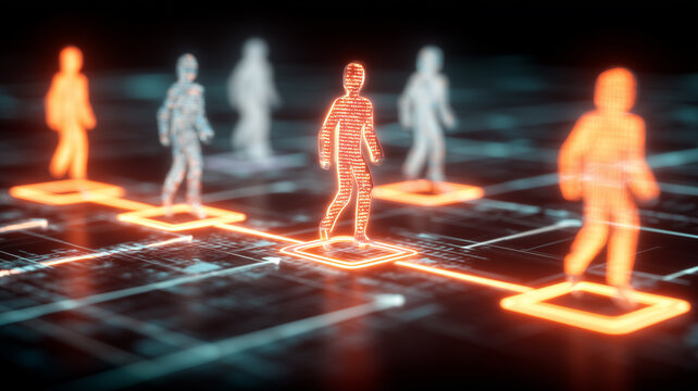Radiant data based human figures walking along connected squares symbolizing digital workforce analytics and guided customer journeys.
