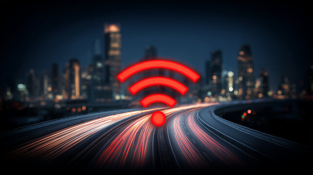 Wireless network symbol above a busy highway leading into a city skyline conveying smart city connectivity, mobile data traffic and high speed communication.
