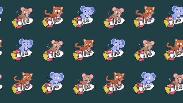 Seamless pattern of cartoon animals riding a rocket for business speed and growth in a tile background animation. Repeating wallpaper with a mouse, a cat, and an elephant on rocket ship symbols.