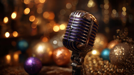 Nostalgic vintage microphone for christmas music party celebration. Retro mic with festive gold light ornament background for new year event
