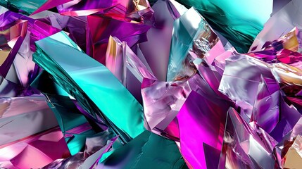 A chaotic yet beautiful composition of sharp, angular, metallic fragments in bright teal, magenta, and purple hues.