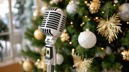 Festive retro microphone for christmas music and new year party. nostalgic holiday celebration with vintage mic and gold tree decoration