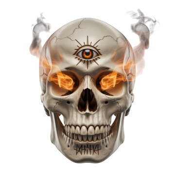 Realistic human skull with third eye and burning eye sockets on transparent background black bone 1