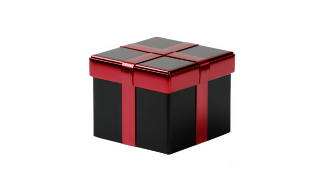 Black gift box with red ribbon isolated on transparent background, perfect for any special occasion or holiday celebration