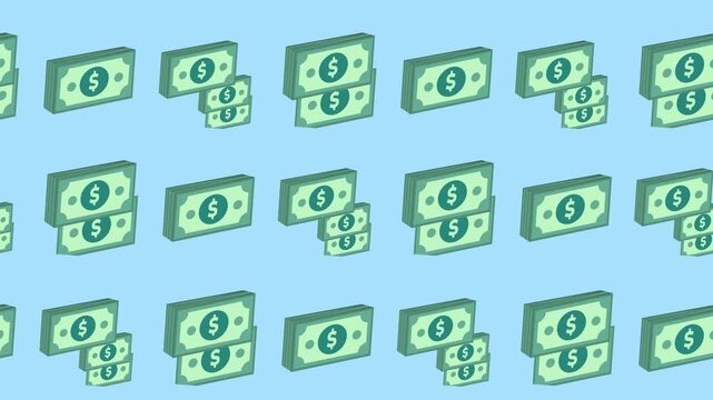 Seamless pattern of stacks of dollar bills and currency icons in a tile background animation. Repeating wallpaper with flat design money, cash, and financial wealth symbols. Business payment backdrop.