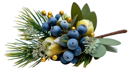 Festive christmas decoration with pine branch, berries, and golden accents isolated on transparent background, perfect for holiday season