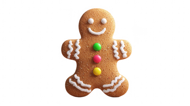 Gingerbread man cookie with colorful buttons isolated on transparent background, a festive treat for the holidays