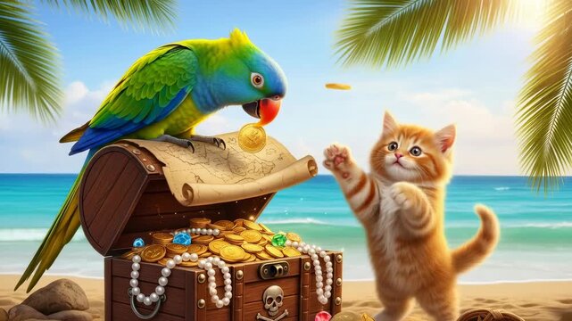 Parrot dropping gold coin to tiny kitten from treasure chest on tropical beach for adventure story