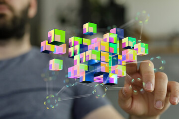 Digitally rendered image depicting data, network, innovation, communication, technology,...