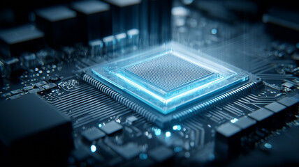 Advanced processor unit highlighted on a computer motherboard, illustrating cutting edge computing power, efficient data processing