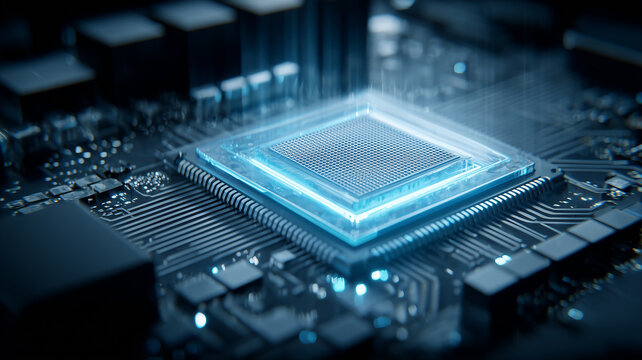 Advanced processor unit highlighted on a computer motherboard, illustrating cutting edge computing power, efficient data processing