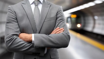 A cropped shot of a professional man in a gray suit with arms crossed, standing in a subway station as a train passes by in the background, creating a sense of dynamic urban movement.