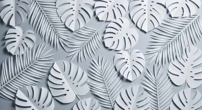 Monstera and palm leaves paper art on light grey background, elegant minimalist tropical pattern