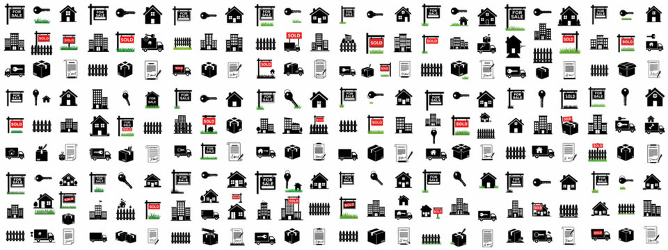 Seamless pattern of real estate and moving icons featuring houses, keys, sale signs, buildings, contracts, delivery trucks, and moving boxes.