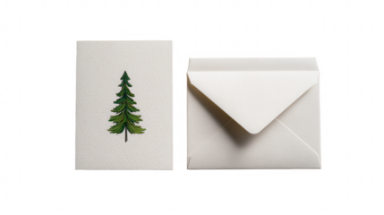 A christmas card with a green tree and a white envelope isolated on transparent background