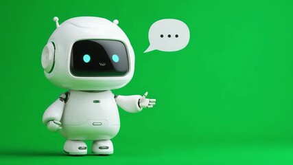 A charming robot character stands on a green background, ready to engage the audience with a speech bubble for communication