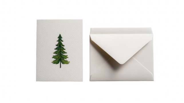 A christmas card with a green tree and a white envelope isolated on transparent background