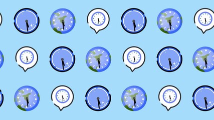 Seamless pattern of global time zone and worldwide clock icons in a tile background animation. Repeating wallpaper with a time management symbol and an international communication backdrop design. - Powered by Adobe
